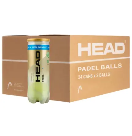 HEAD Padel Pro S+ Padelbälle Karton mit HEAD Logo und Aufdruck 24 CANS x 3 BALLS und einer goldenen Dose davor