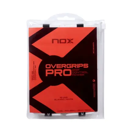 NOX Pro Overgrips 12er Pack in Weiß im transparenten Reißverschlussbeutel mit roter Karte und Aufschrift Overgrips Pro