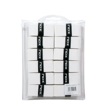 Rückseite des NOX Pro Overgrips 12er Packs mit zwölf weißen Overgrips und schwarzen Banderolen mit NOX Logo