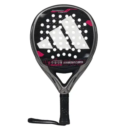 adidas Adipower Carbon Light 3.4 Padelschläger von vorn mit weißem adidas Logo auf schwarzer Schlagfläche und pinken Akzenten