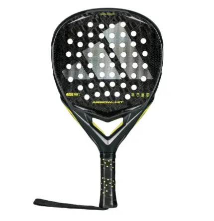 adidas Arrow Hit 2026 Padelschläger von vorn mit schwarzer Schlagfläche silbernem Logo und Handschlaufe