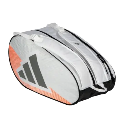 adidas Control White Racket Bag 2026 schräg von oben mit RACKET Aufnäher und grauem adidas Logo