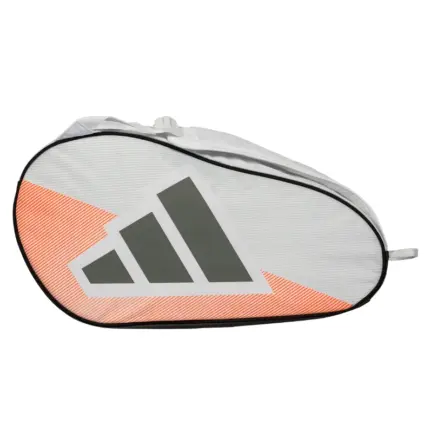 adidas Control White Racket Bag 2026 in der Seitenansicht mit grauem adidas Logo auf weißem Grund mit orangefarbenen Streifen