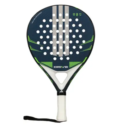 adidas Drive Blue 2026 Padelschläger von vorn mit dunkelblauer Fläche sowie silbergrauen Streifen und neongrünen Akzenten