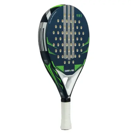 adidas Drive Blue 2026 Padelschläger schräg von links mit dunkelblauem Rahmen und neongrünen Akzenten