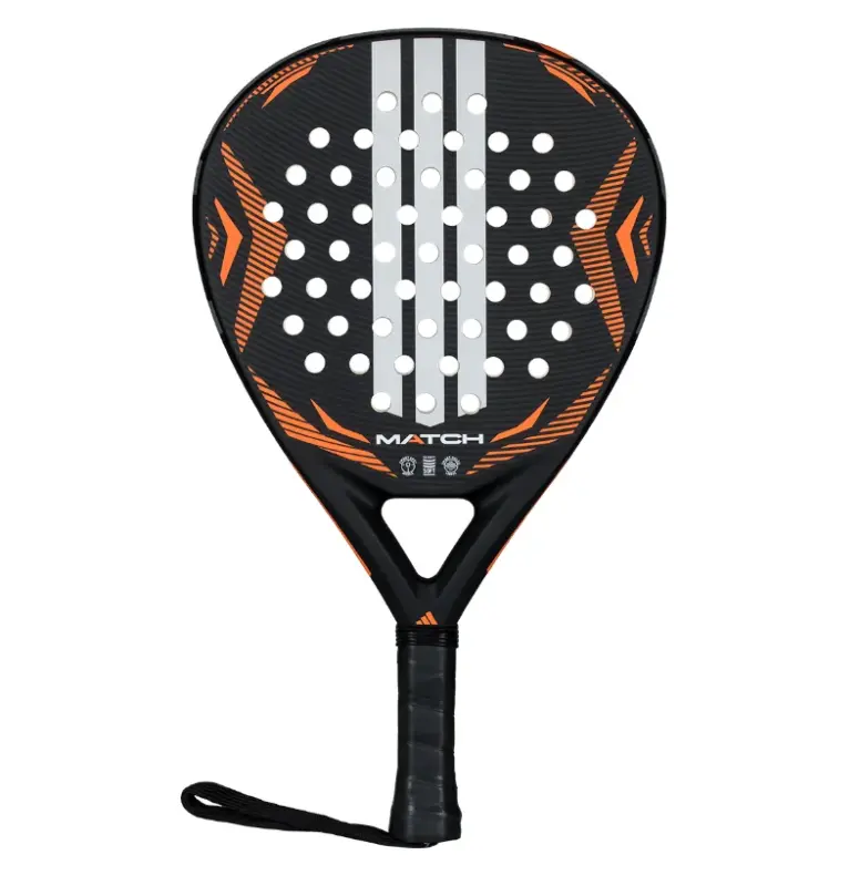 adidas Match Black 2026 Padelschläger von vorn mit schwarzer Fläche sowie weißen Streifen und orangen Akzenten
