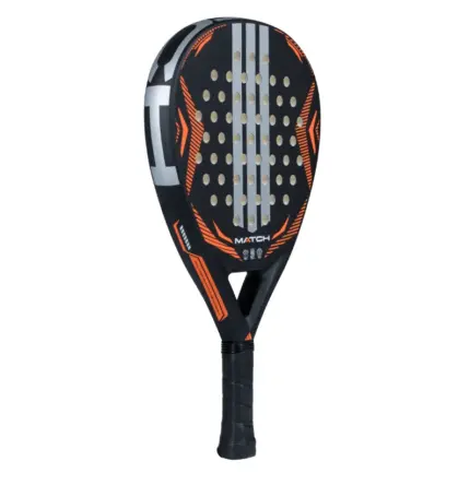 adidas Match Black 2026 Padelschläger schräg von links mit schwarzem Rahmen und orangen Akzenten