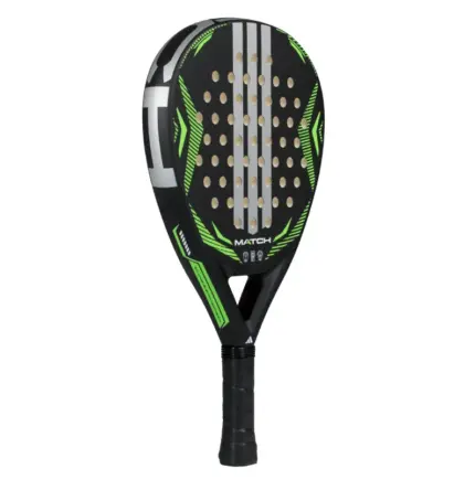 adidas Match Black Lime 2026 Padelschläger schräg von links mit schwarzem Rahmen und limegrünen Akzenten