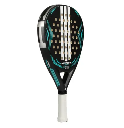 adidas Match Light 2026 Padelschläger schräg von links mit schwarzem Rahmen und türkisen Akzenten