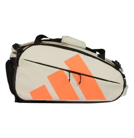 adidas Multigame Off White Racket Bag 2026 in der Seitenansicht mit großem orangefarbenem adidas Logo