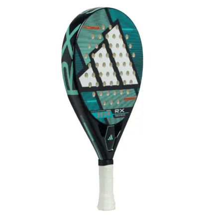 adidas RX Series 2026 Padelschläger schräg von links mit türkisen Buchstaben RX am schwarzen Rahmen
