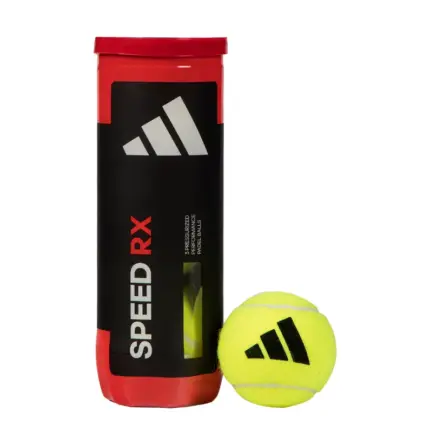 adidas Speed RX Padelbälle: rote 3er Dose mit schwarzem Etikett und adidas Logo neben einem gelben Ball