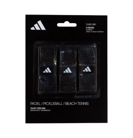 Drei schwarze adidas Overgrips in der schwarzen Blisterkarte mit Aufschrift TACKY FEELING