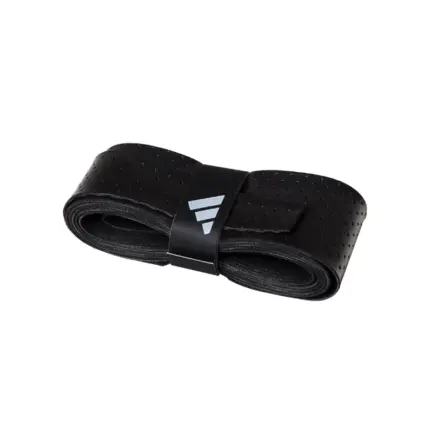 Ein schwarzer adidas Overgrip aufgerollt mit schwarzer Banderole und adidas Logo