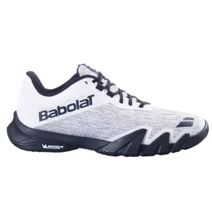 Babolat Jet Viva Men Padelschuh in Weiß und Schwarz von der Außenseite mit Babolat Schriftzug und schwarzer Sohle